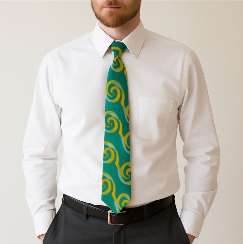 Vintage Pierre Dumas Green & Gold Swirl Print Necktie Retro Statement Accessory
